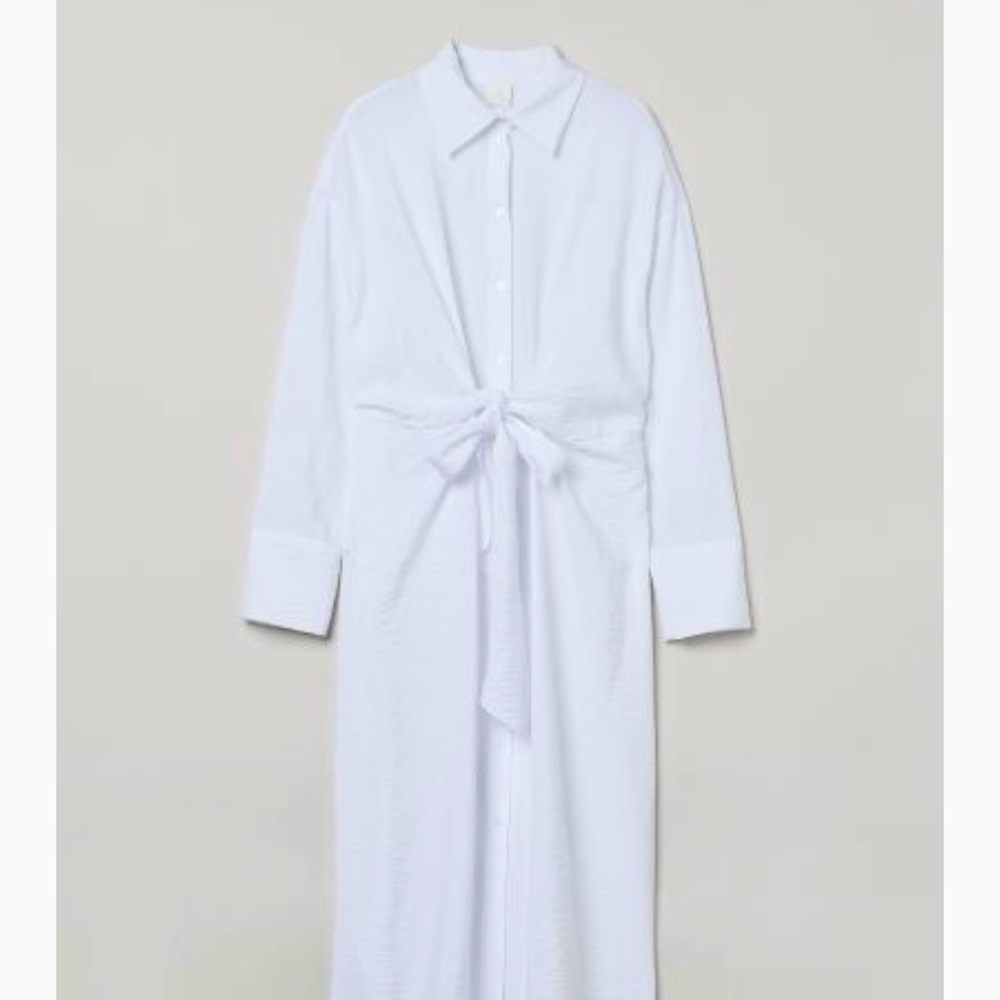 White Tie Front Button Shirt Dress